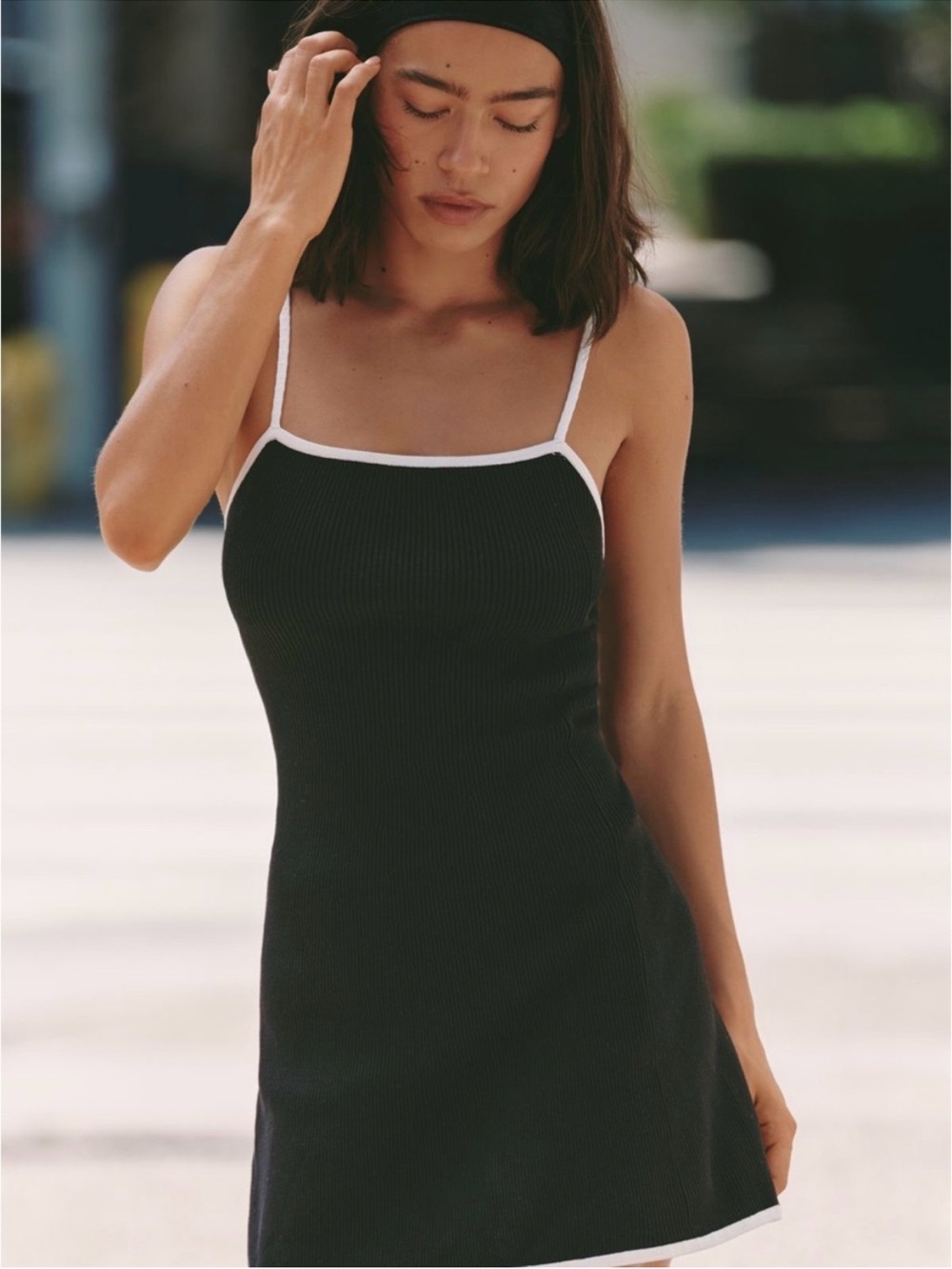 Anthropologie Black Ribbed Slip Dress with White Trim